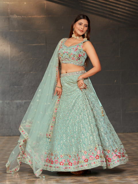 Stylish Sky Blue Wedding wear Heavy Lehenga Choli for Women with Dupatta Sequence Lehenga Choli In USA