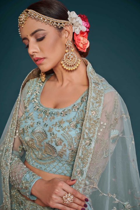 Ocean Aqua Graceful Wedding wear Heavy Lehenga Choli for Women with Dupatta in USA Sequence Lehenga Choli