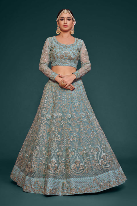 Ocean Aqua Graceful Wedding wear Heavy Lehenga Choli for Women with Dupatta in USA Sequence Lehenga Choli