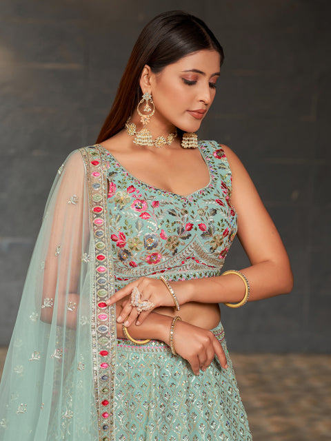 Stylish Sky Blue Wedding wear Heavy Lehenga Choli for Women with Dupatta Sequence Lehenga Choli In USA