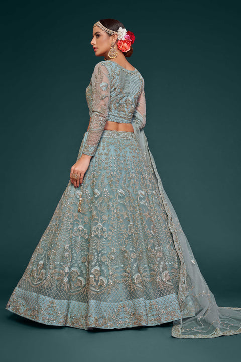 Ocean Aqua Graceful Wedding wear Heavy Lehenga Choli for Women with Dupatta in USA Sequence Lehenga Choli