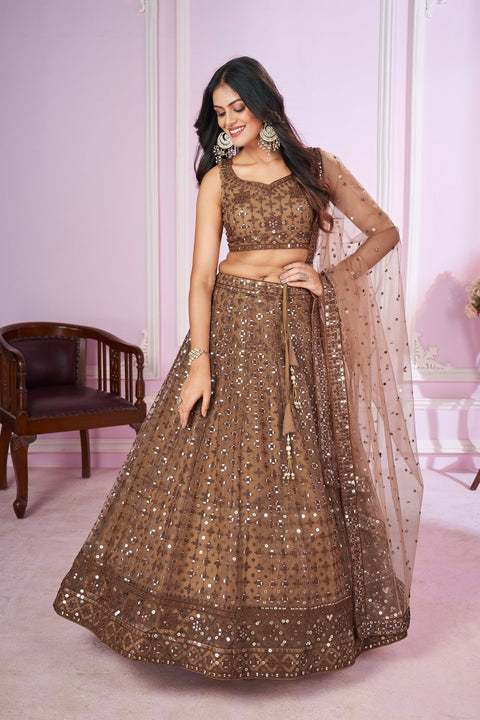 Brown Party wear Heavy Lehenga Choli for Women with Dupatta Sequence Lehenga Choli In USA - ReadyToWearshop