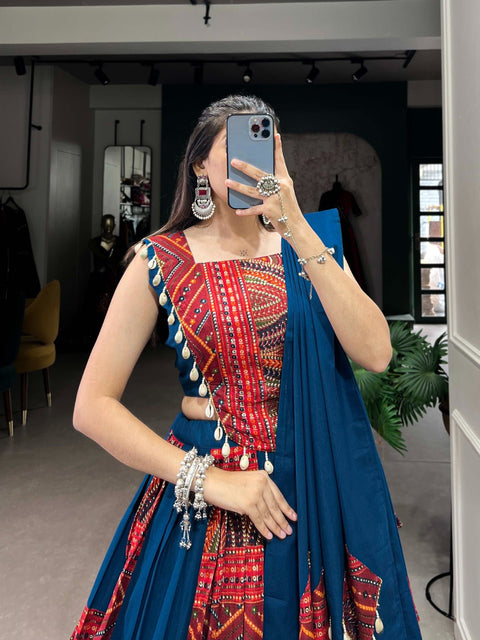 dove blue phenomenal spirit of our navratri lehenga with printed design in your garba collection to make imperial impressions on garba night - ReadyToWearshop