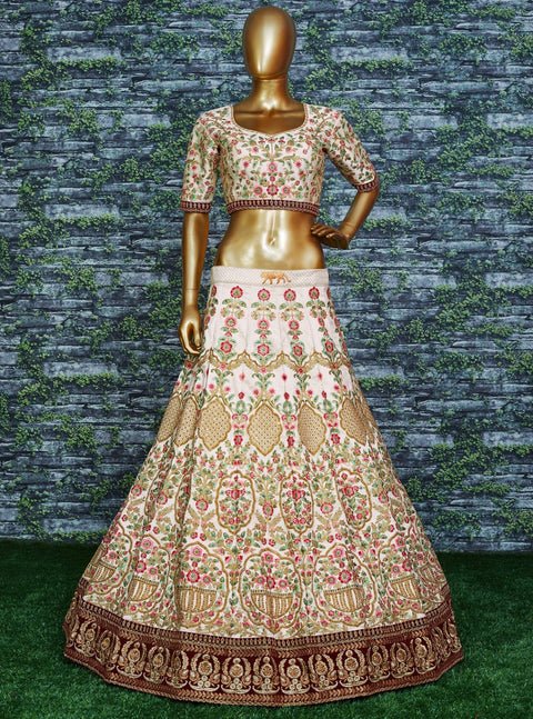 Elegant Make you're ethnic look more stylish & classic with this gleaming Cream - colored taffeta silk lehenga choli - ReadyToWearshop