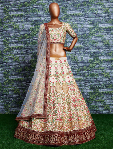 Elegant Make you're ethnic look more stylish & classic with this gleaming Cream - colored taffeta silk lehenga choli - ReadyToWearshop