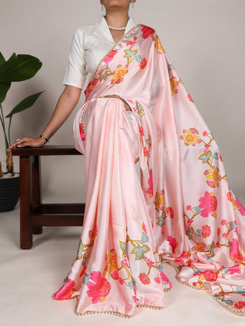 Elegent Pearl - Edged Floral Satin Floral Print Saree For Women - ReadyToWearshop