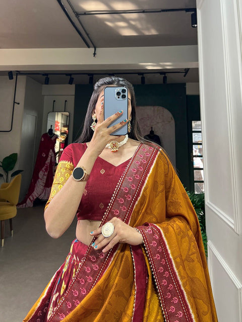 Embrace the Red elegance of Dola Silk, where tradition meets contemporary style in every printed lehenga choli for women - ReadyToWearshop