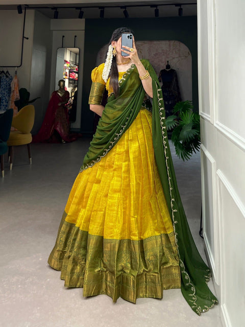 Experience the luxury of Kanjivaram silk in this regal lehenga choli ensemble, completed with a flowing embroidery dupatta For Women - ReadyToWearshop