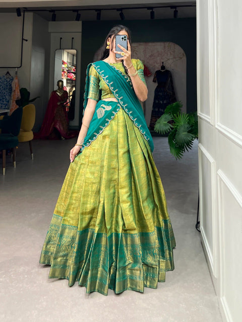 Experience the luxury of Kanjivaram silk in this regal lehenga choli ensemble, completed with a flowing embroidery dupatta For Women - ReadyToWearshop
