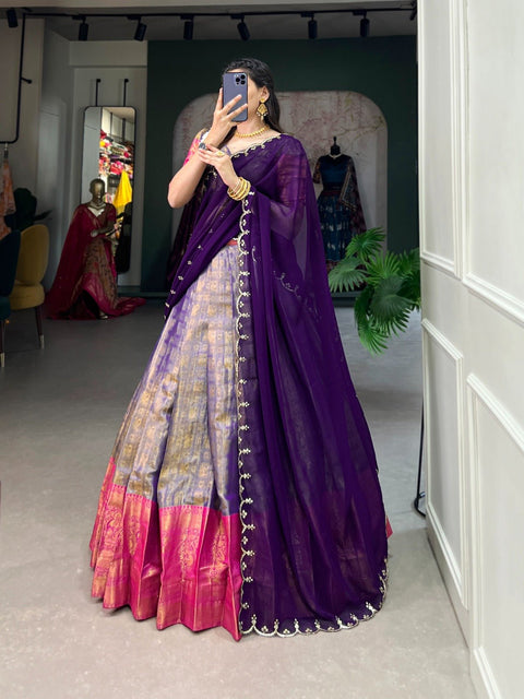 Experience the luxury of Kanjivaram silk in this regal lehenga choli ensemble, completed with a flowing embroidery dupatta For Women - ReadyToWearshop