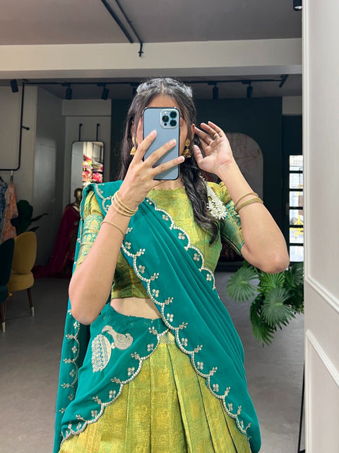 Experience the luxury of Kanjivaram silk in this regal lehenga choli ensemble, completed with a flowing embroidery dupatta For Women - ReadyToWearshop