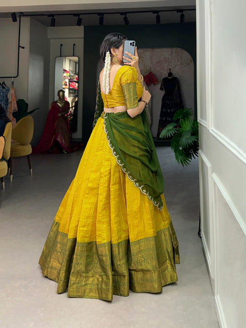 Experience the luxury of Kanjivaram silk in this regal lehenga choli ensemble, completed with a flowing embroidery dupatta For Women - ReadyToWearshop