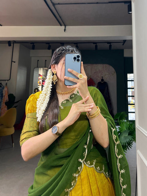 Experience the luxury of Kanjivaram silk in this regal lehenga choli ensemble, completed with a flowing embroidery dupatta For Women - ReadyToWearshop