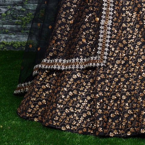 Featuring a black[color] Raw silk leheng pattern with golden sequins all over lehenga choli for women - ReadyToWearshop