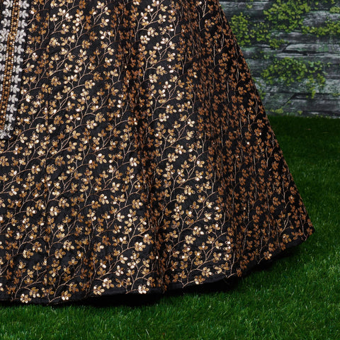 Featuring a black[color] Raw silk leheng pattern with golden sequins all over lehenga choli for women - ReadyToWearshop