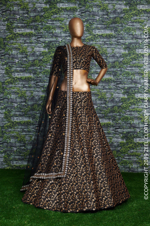 Featuring a black[color] Raw silk leheng pattern with golden sequins all over lehenga choli for women - ReadyToWearshop