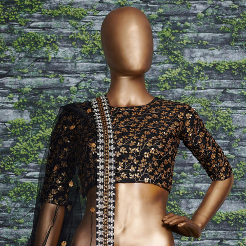 Featuring a black[color] Raw silk leheng pattern with golden sequins all over lehenga choli for women - ReadyToWearshop