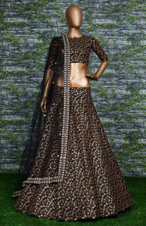 Featuring a black[color] Raw silk leheng pattern with golden sequins all over lehenga choli for women - ReadyToWearshop