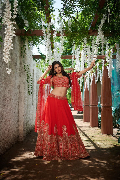Gorgette Red Color Wedding Wear Lehenga Choli For Women In USA - ReadyToWearshop