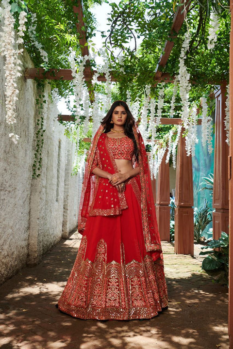 Gorgette Red Color Wedding Wear Lehenga Choli For Women In USA - ReadyToWearshop