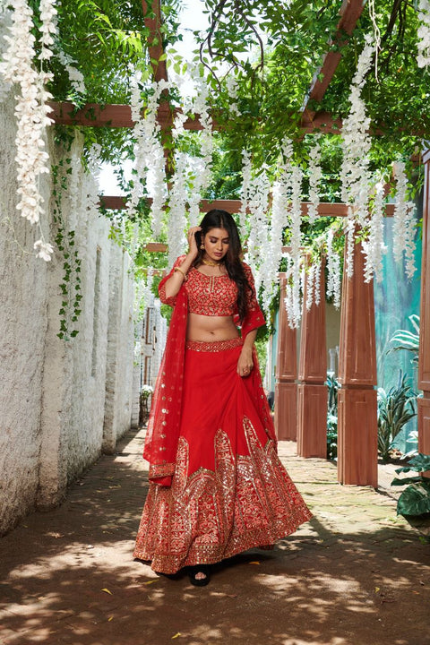 Gorgette Red Color Wedding Wear Lehenga Choli For Women In USA - ReadyToWearshop