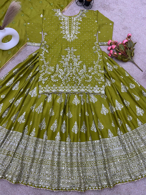Green Chinnon Silk With Heavy Embroidery Sequence Work Top - Plazo And Dupatta Set With Fully Stitched Ready To Wear Collection For Women - ReadyToWearshop