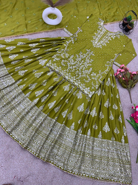 Green Chinnon Silk With Heavy Embroidery Sequence Work Top - Plazo And Dupatta Set With Fully Stitched Ready To Wear Collection For Women - ReadyToWearshop