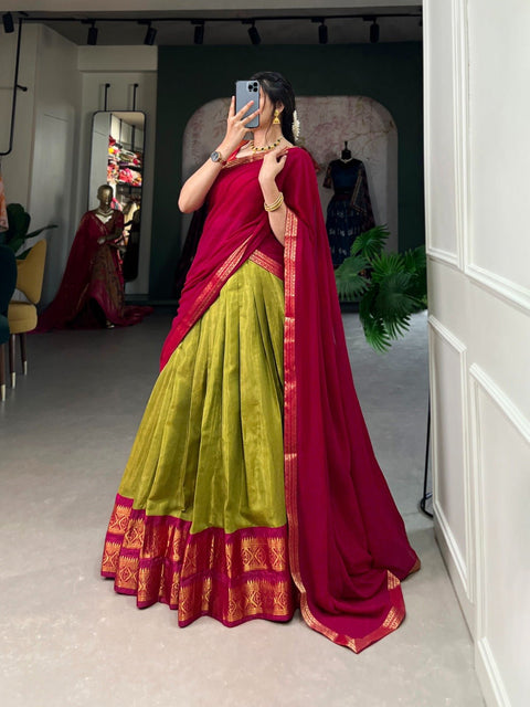 Green Crafted with love, adorned with heritage : The South - style Kanchipuram silk lehenga choli for women - ReadyToWearshop