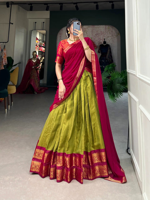 Green Crafted with love, adorned with heritage : The South - style Kanchipuram silk lehenga choli for women - ReadyToWearshop