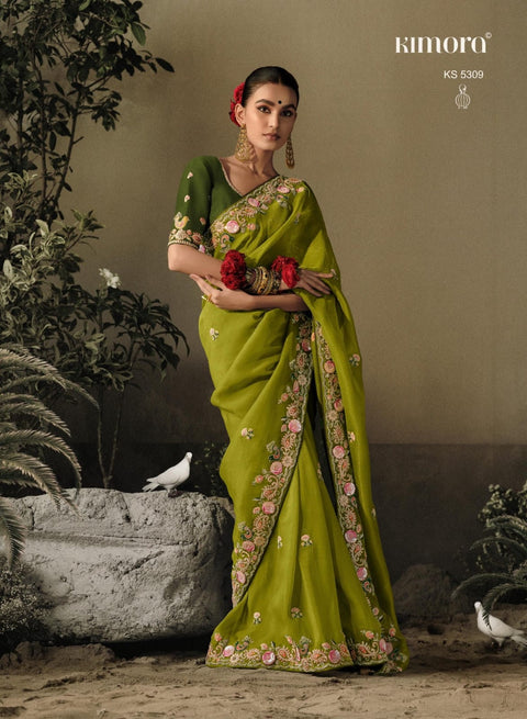 Green Dola Silk Saree with blouse in USA, Perfect for Indian wedding sequins saree - ReadyToWearshop