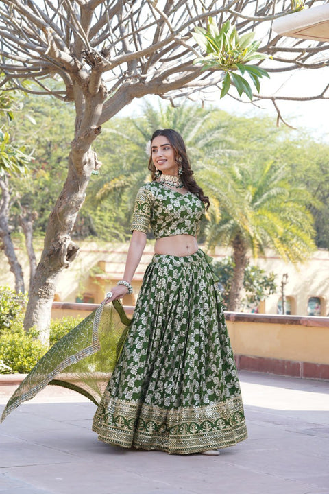 Green Dyeable Pure Viscose Jacquard Lehenga Choli & Dupatta Set For Women - ReadyToWearshop