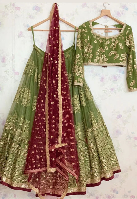 Green Heavy Embroidery Sequence Work Lehenga Choli With Dupatta For Women In USA - ReadyToWearshop