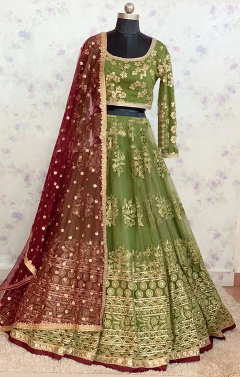 Green Heavy Embroidery Sequence Work Lehenga Choli With Dupatta For Women In USA - ReadyToWearshop