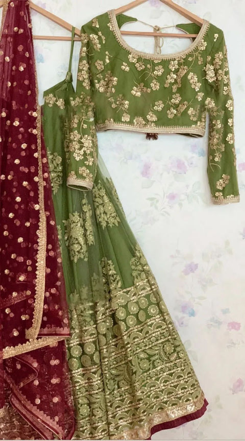 Green Heavy Embroidery Sequence Work Lehenga Choli With Dupatta For Women In USA - ReadyToWearshop
