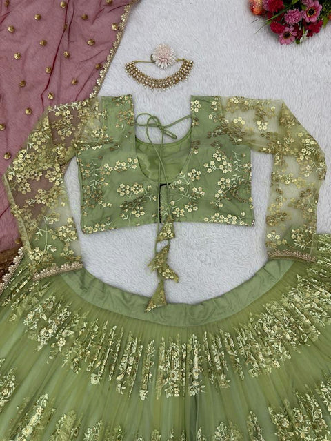 Green Heavy Embroidery Sequence Work Lehenga Choli With Dupatta For Women In USA - ReadyToWearshop