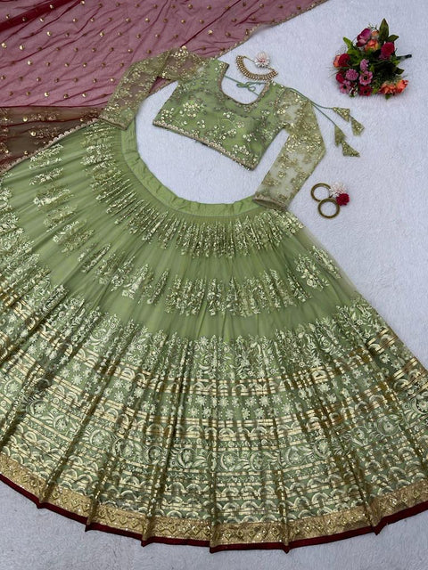 Green Heavy Embroidery Sequence Work Lehenga Choli With Dupatta For Women In USA - ReadyToWearshop
