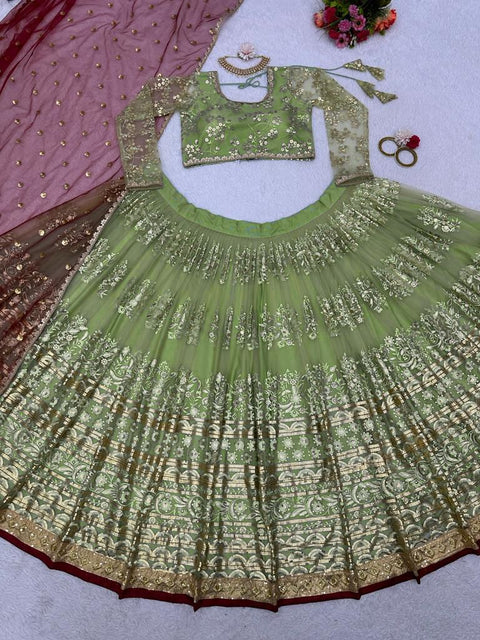 Green Heavy Embroidery Sequence Work Lehenga Choli With Dupatta For Women In USA - ReadyToWearshop
