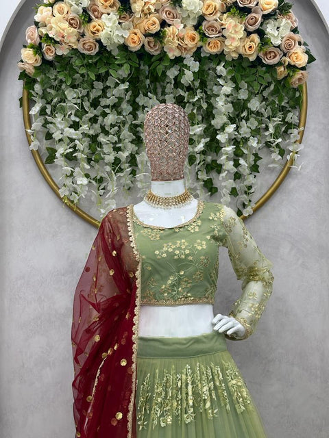 Green Heavy Embroidery Sequence Work Lehenga Choli With Dupatta For Women In USA - ReadyToWearshop