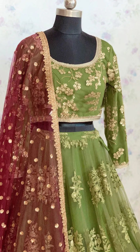 Green Heavy Embroidery Sequence Work Lehenga Choli With Dupatta For Women In USA - ReadyToWearshop