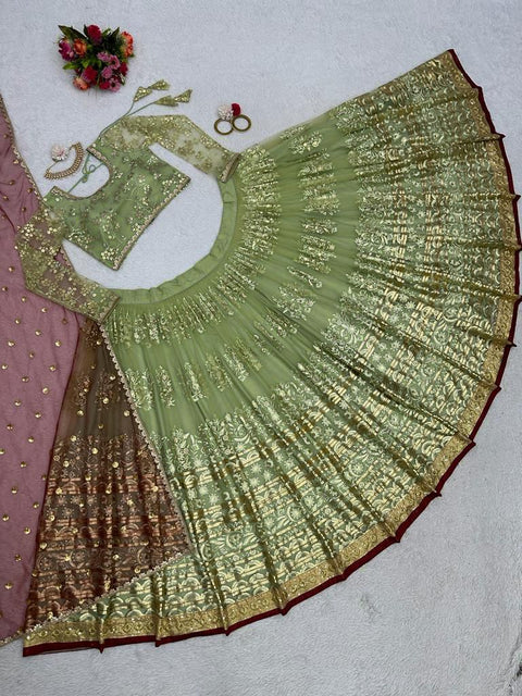 Green Heavy Embroidery Sequence Work Lehenga Choli With Dupatta For Women In USA - ReadyToWearshop