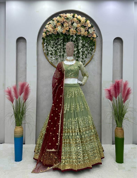 Green Heavy Embroidery Sequence Work Lehenga Choli With Dupatta For Women In USA - ReadyToWearshop