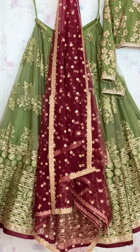 Green Heavy Embroidery Sequence Work Lehenga Choli With Dupatta For Women In USA - ReadyToWearshop