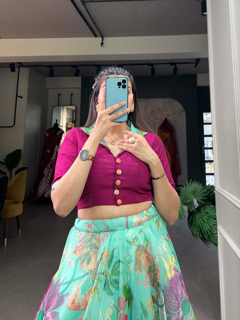 Green lightweight and flowing organza co - ord set drapes gracefully for woman in USA - ReadyToWearshop