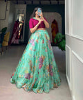 Green lightweight and flowing organza co - ord set drapes gracefully for woman in USA - ReadyToWearshop