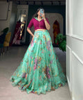 Green lightweight and flowing organza co - ord set drapes gracefully for woman in USA - ReadyToWearshop
