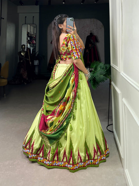 Green luxurious Tussar silk fabric ensures comfort and elegance, making this lehenga choli for women - ReadyToWearshop