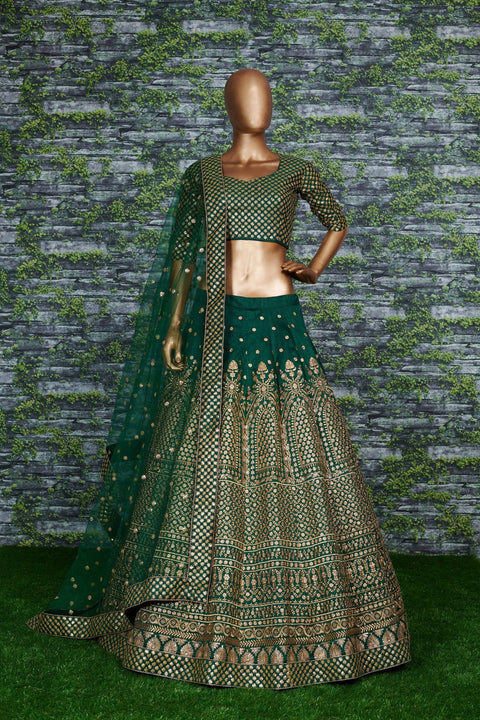 Green raw silk blouse adorned with gold sequin embroidery lehenga choli for women - ReadyToWearshop
