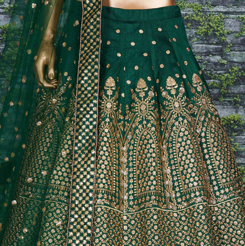 Green raw silk blouse adorned with gold sequin embroidery lehenga choli for women - ReadyToWearshop