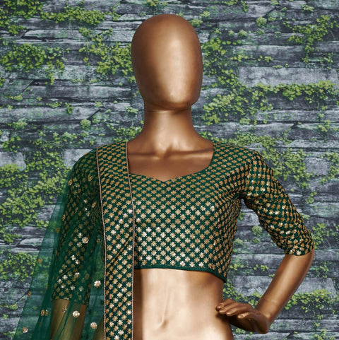 Green raw silk blouse adorned with gold sequin embroidery lehenga choli for women - ReadyToWearshop