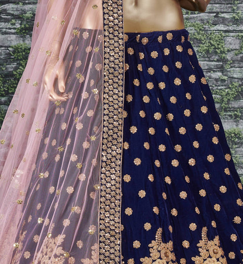 Look divine on your special day by wearing this navy blue color velvet bridal lehenga Choli. - ReadyToWearshop